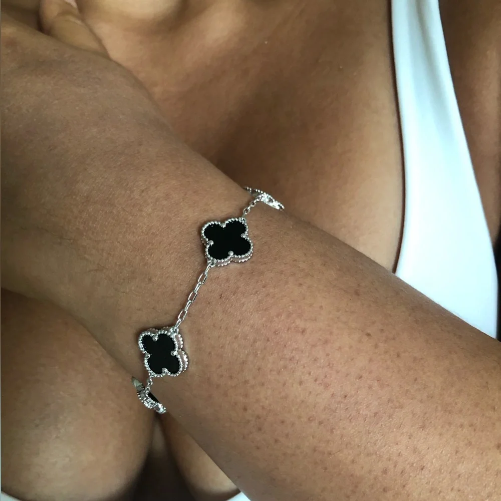 Black Onyx 5 Quatrefoil Clover Motif Bracelet